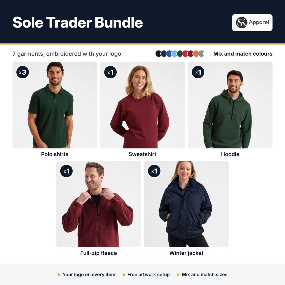 Sole Trader Bundle - what's included: 3 polo shirts, sweatshirt, hoodie, fleece and winter jacket