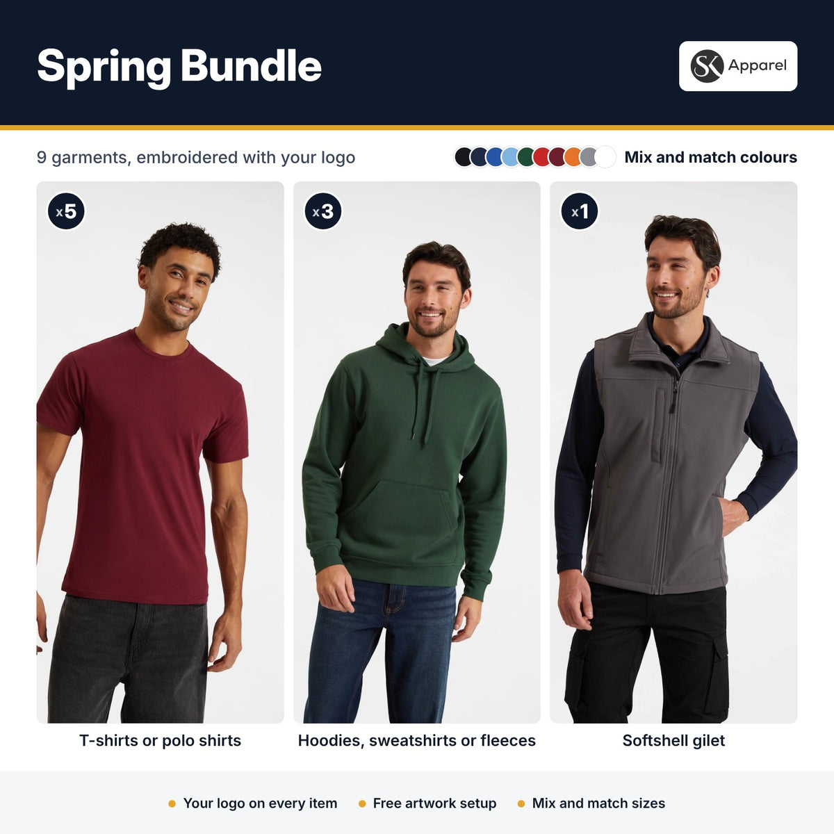 Spring Bundle - what's included: 5 T-shirts or polos, 3 hoodies, sweatshirts or fleeces and a softshell gilet