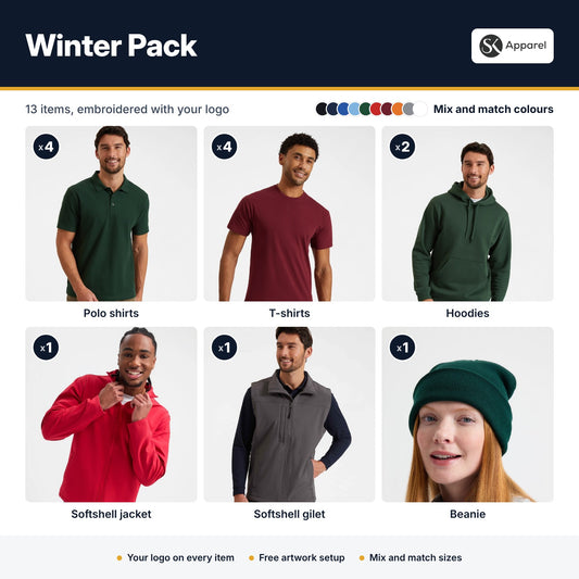 Winter Pack - what's included: 4 polo shirts, 4 T-shirts, 2 hoodies, softshell jacket, softshell gilet and beanie